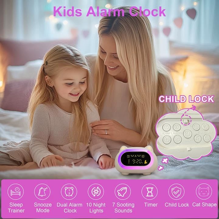 Image of Kids Alarm Clock Toddler Sleep Training Clock with 10 Night Lights, White