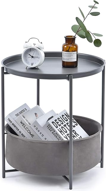 Kingrack Coffee Round Table, Metal Nightstand, Sofa Side Snack Table, Bedside End Table with Detachable Tray Top and fabric Storage Basket, Scandi Style Lamp Table for Living Room Bedroom (Dark Grey)
