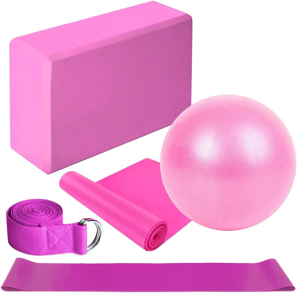Lixada Yoga Blocks,Yoga Ball Chair,5Pcs Yoga Equipment Set Include Yoga Ball Stretching Strap Resistance Loop Band Exercise Band(Optional)