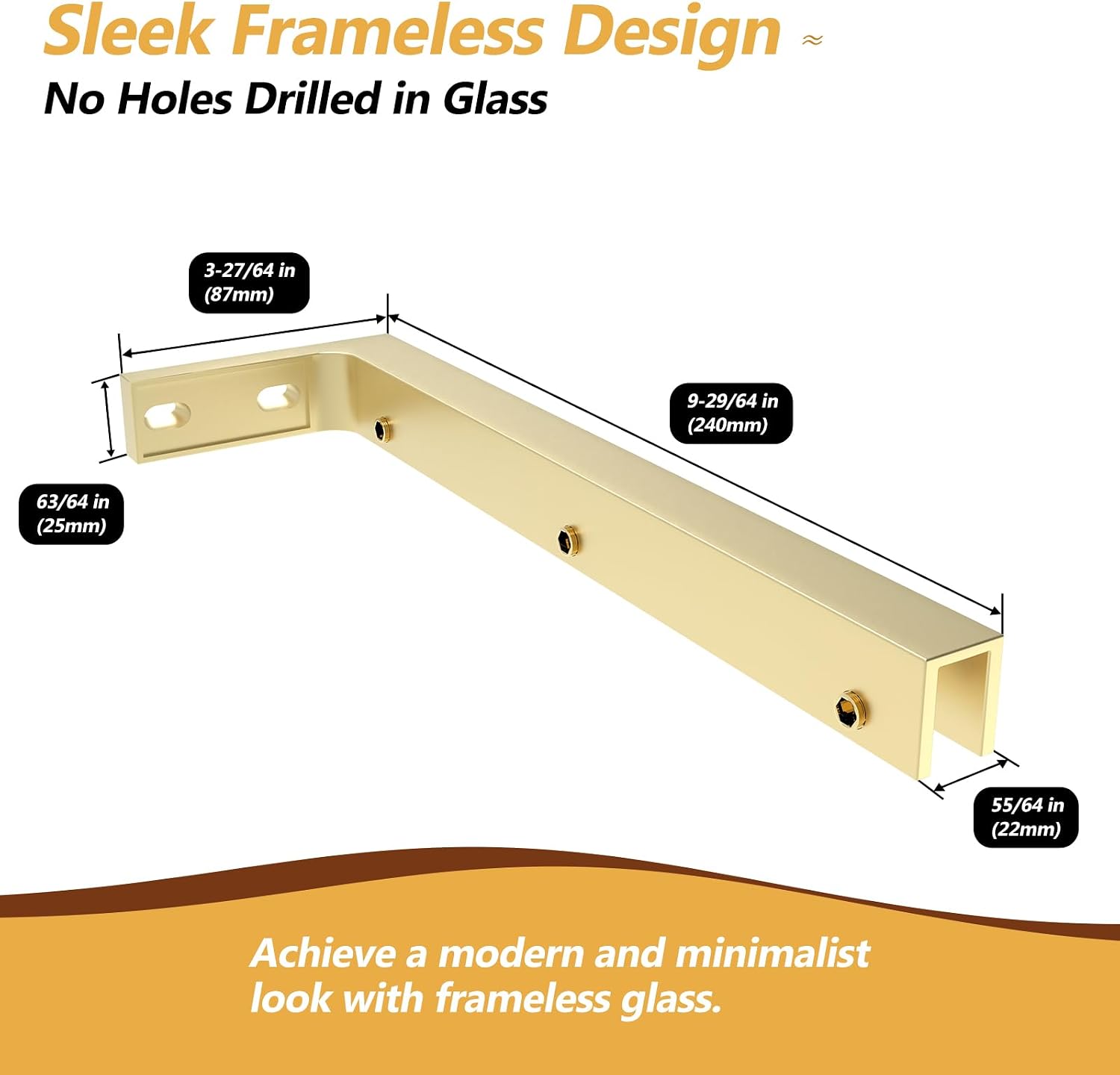 Shower Glass Bracket Shower Glass Support Bar Wall to Glass Clamp L Bracket for Shower, No Drill in Glass (Glass on Right, Gold)