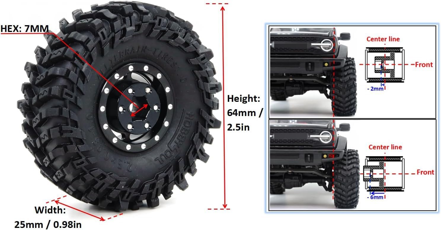 HOBBYSOUL 64mm Tall 1.0 Beadlock Wheels and Tires, Adjustable Offset Rims & Soft Sticky Tyre for RC Mud Crawler 1/24 SCX24 FCX24 AX24 1/18 TRX4M Upgrades,HS701515