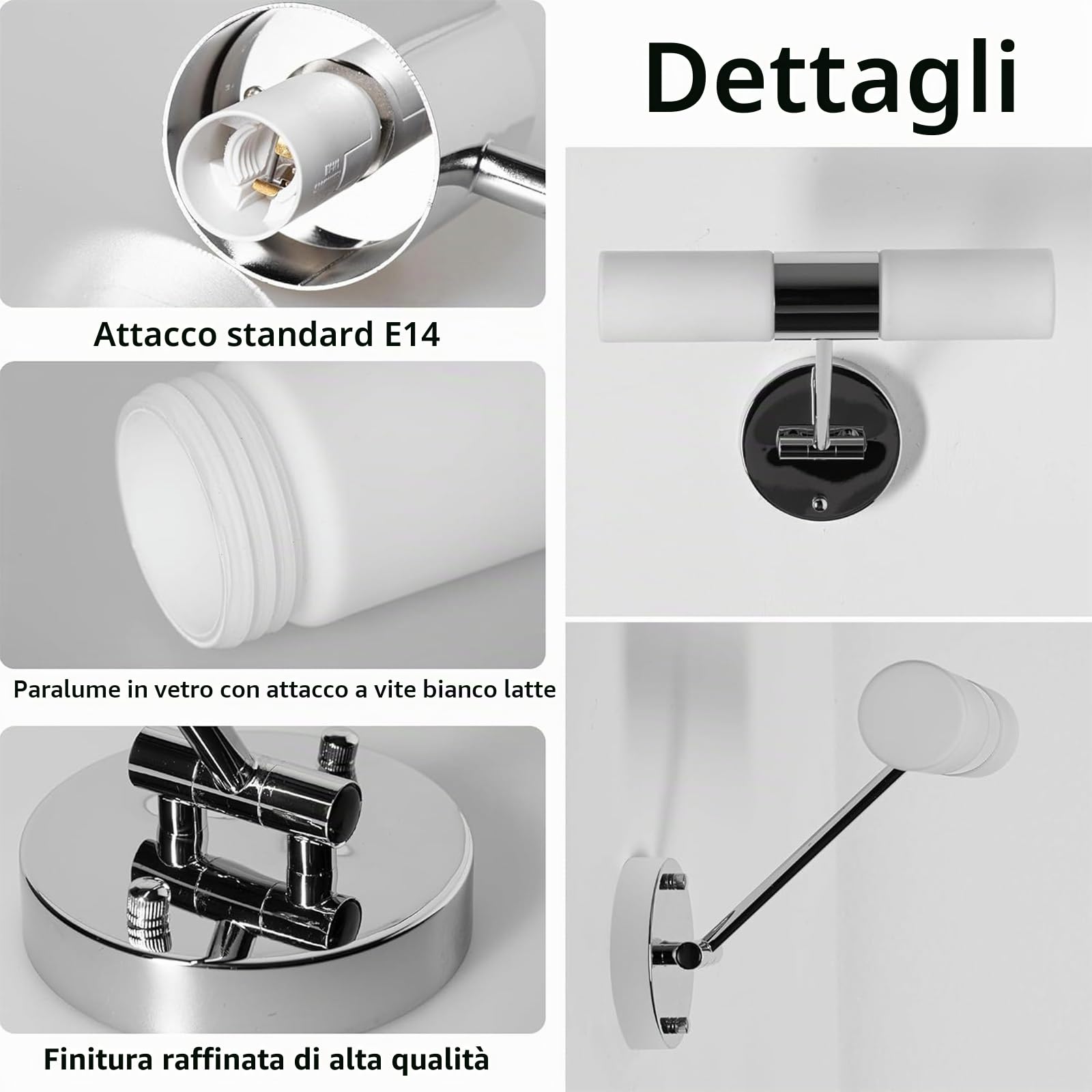 Alpinaluz Applique da Parete 2×E14 Vetro Metallo Cromato IP44 Doppia Luce | Braccio girevole per orientare le due luci in orizzontale o verticale: bagno, specchio, toeletta, corridoio, camera