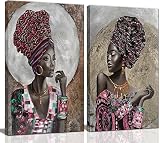 2 Pcs Framed African American Wall Art, Canvas Painting Black and Gold Pink Woman Girl Retro Portrai