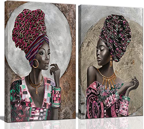 2 Pcs Framed African American Wall Art, Canvas Painting Black And Gold Pink Woman Girl Retro Portrait Abstract Gold Earrings Necklace Poster Prints Artwork Modern Home Decor For Living Room Bedroom #TOP8
