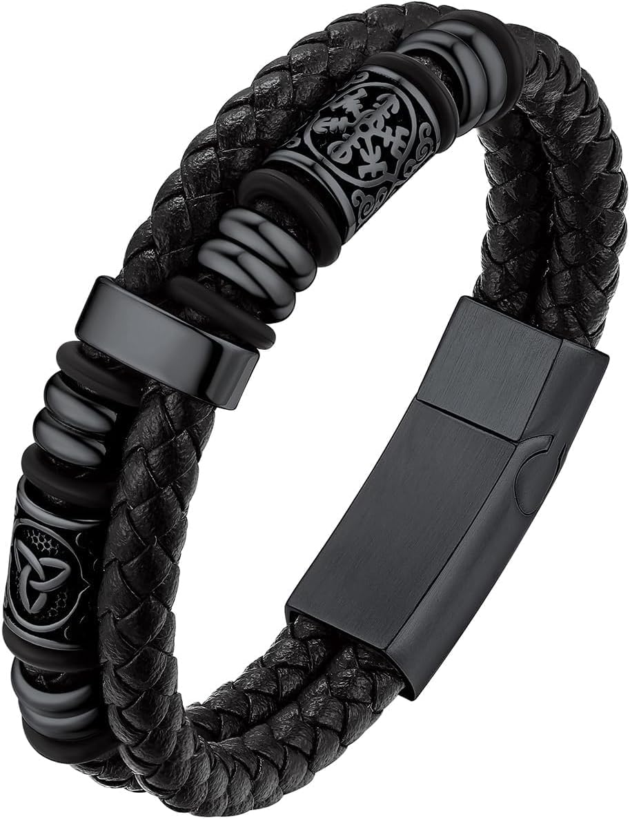 Bestyle Genuine Men Leather Bracelets Fashion Stainless Steel Celtic Beaded Wristband for Men, Size 7.5/8.3/9.1/9.8Inch Men Bracelet, Message Card Offered