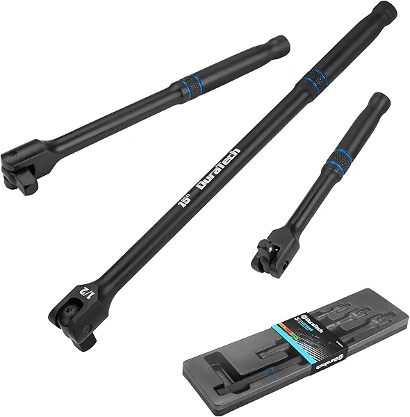 DURATECH 3PCS Breaker Bar Set, 1/4", 3/8", 1/2" Drive, 180°Rotatable Head, 6", 10”, 15" Length, Premium Chrome Alloy Made, Black
