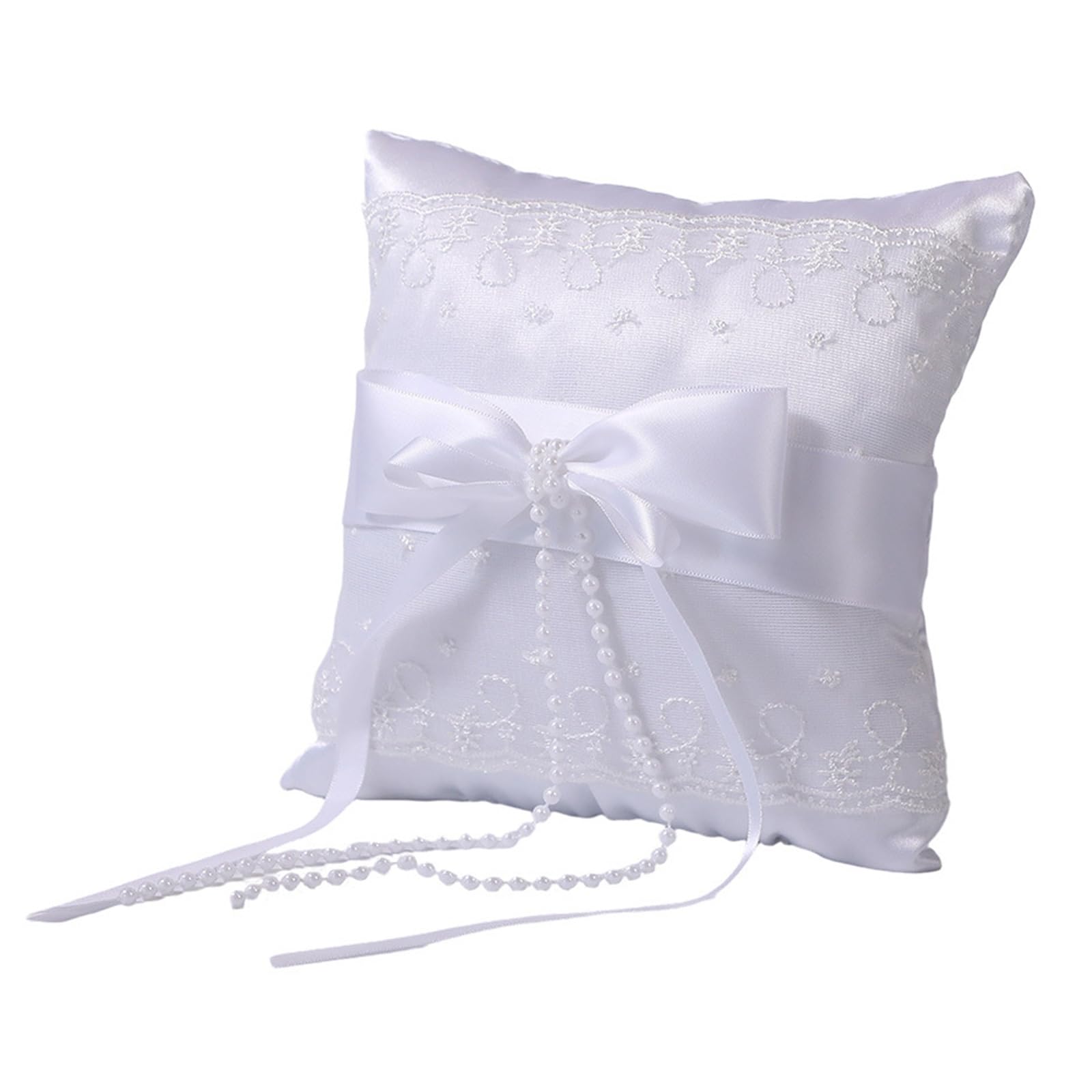 HDOYTXXM White Wedding Bearer Pillow with Rhinestones & Lace Bows for Ceremonies, Beach Parties Decorative Cushion Wedding Ceremony Decor