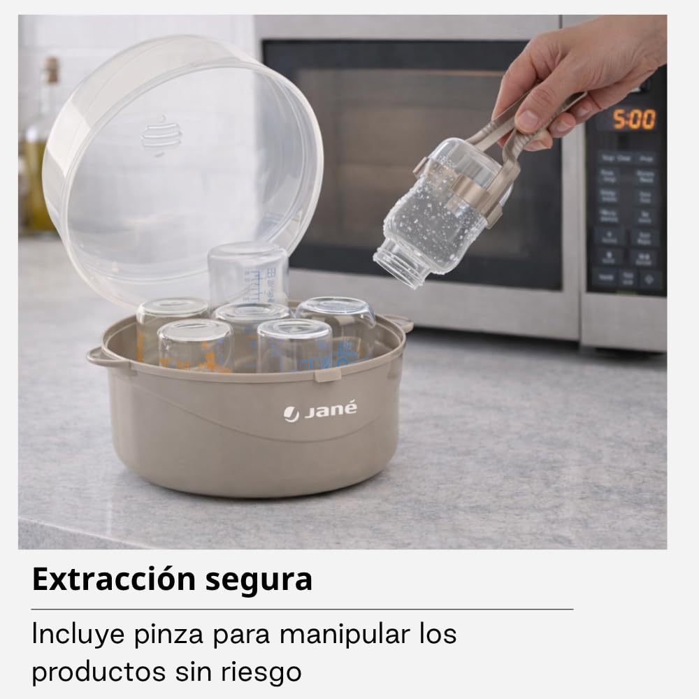 Jané Sterilizzatore per Microonde 6 Biberon, con Cestello per Tettarelle e Pinza, BPA Free, Grigio