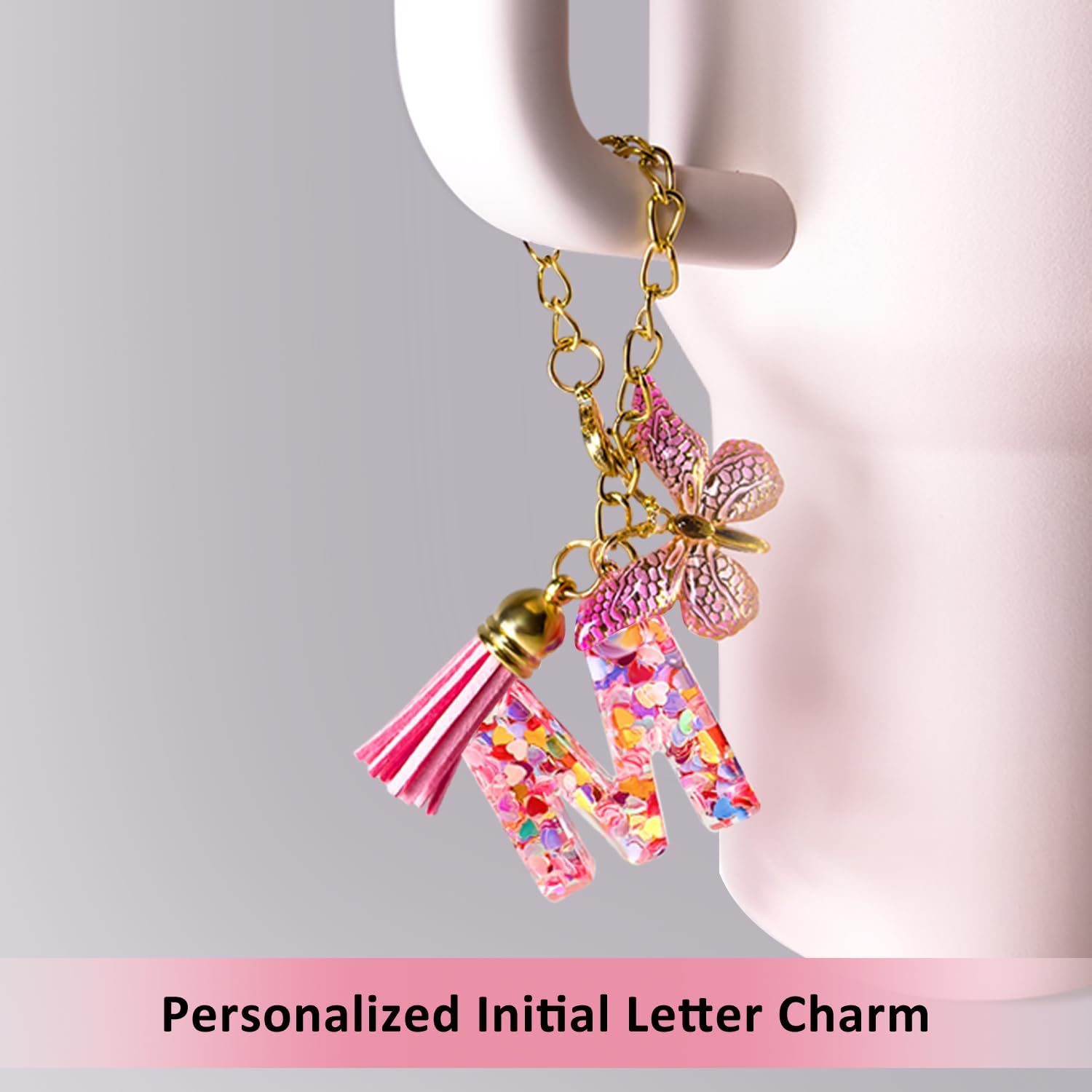 Compatible with Stanley Cup Accessories, Letter Charm and 3Pcs Silicone Straw Cover, 0.4" 10MM Straw Toppers for Stanley 30 40 oz Tumbler, Pink Initial Letter Charm with Butterfly and Tassel (M)