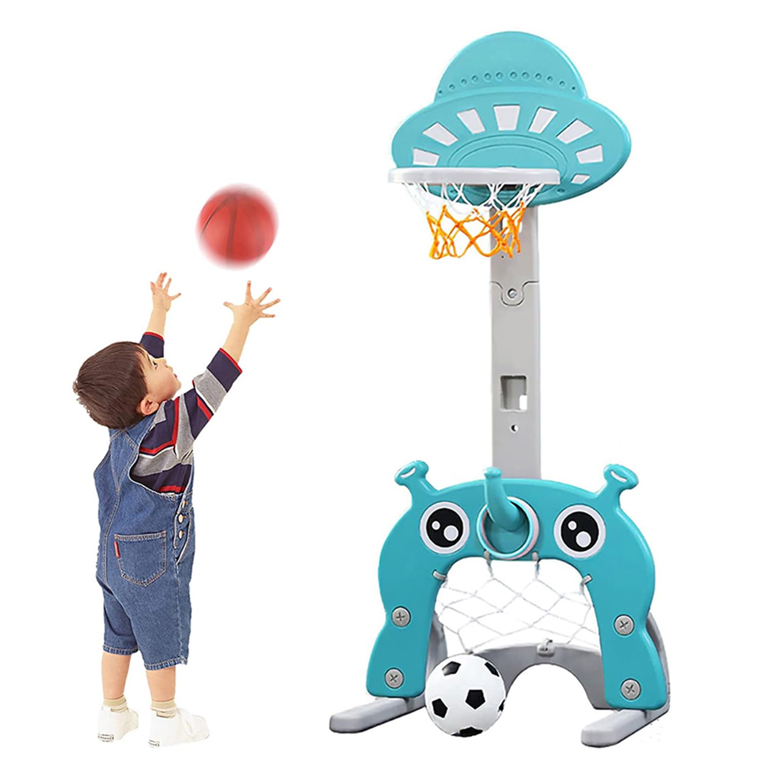 HUOLE Ensemble de Basket 3-en-1, Hauteur Ajustables Inclus Jeu de Basketball, Football et Golf, Support de Jeu UFO surélevé et renforcé (Basket, Football, Golf, Ring, Pompe) Bleu Clair