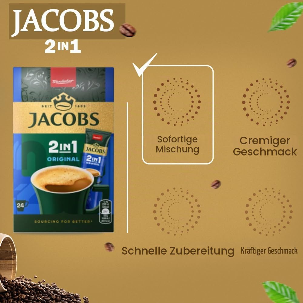 JACOBS 2in1, instant coffee powder, 24 sticks/sachets, 297.6g