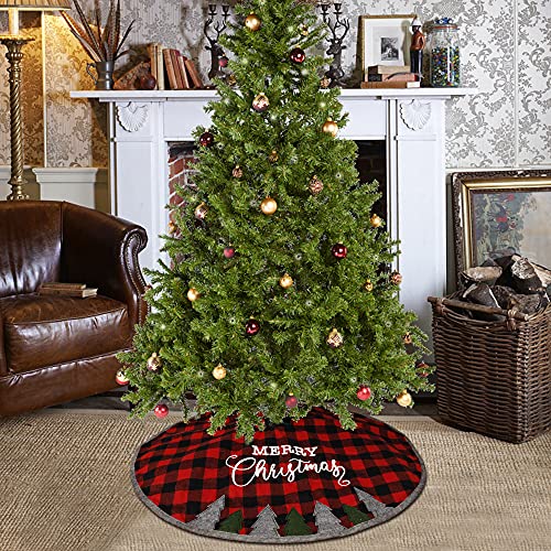 Juegoal 32 Inch Christmas Tree Skirt, Soft Red and Black Plaid Christmas Tree Mat for Xmas Party Decoration, Merry Christmas Base Cover for Christmas Tree Holiday Decor - Image 8