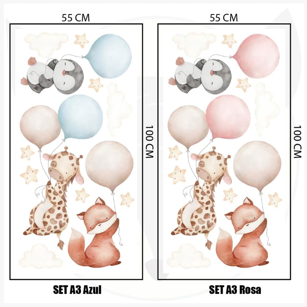 Pink Balloons With Baby Animals Wall Decal - Cute Animal Sticker for Nursery Decor - Removable Kids Room Vinyl Art Mural With Sheep, Elephant, Bear, Cat, Giraffe (Set2)
