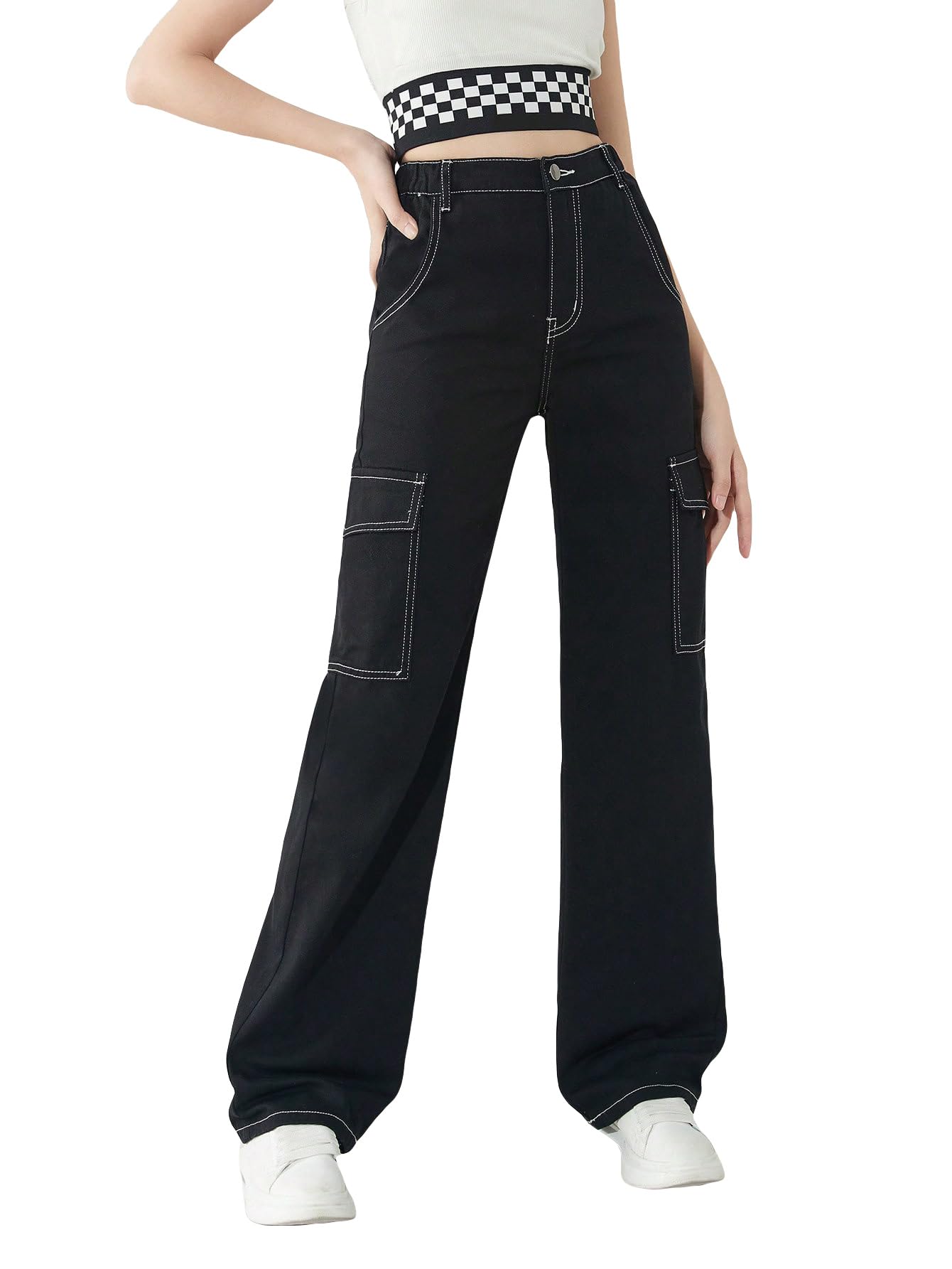 WDIRARAGirl's High Waist Zip Up Denim Pants Straight Leg Cargo Jeans with Pockets