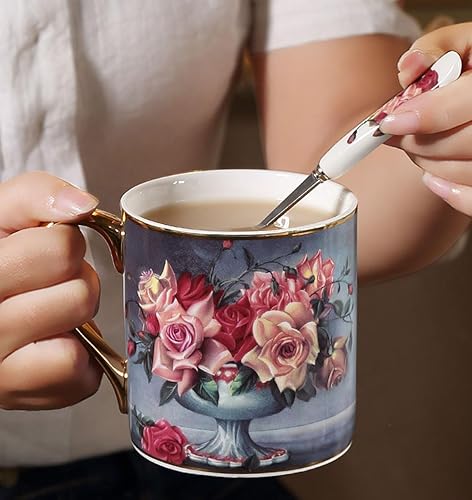 Miniatura 3 de Taza de té de porcelana de porcelana de hueso, taza de café de 12 onzas para el hogar, cocina, oficina, patrón de rosa vintage (gris)