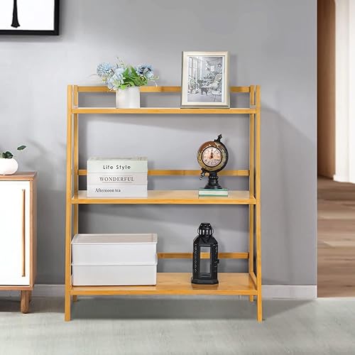 Miniatura 7 de MoNiBloom Estante de escalera para libro de flores, bambú de 3 niveles, organizador de almacenamiento trapezoidal para sala de estar, balcón,