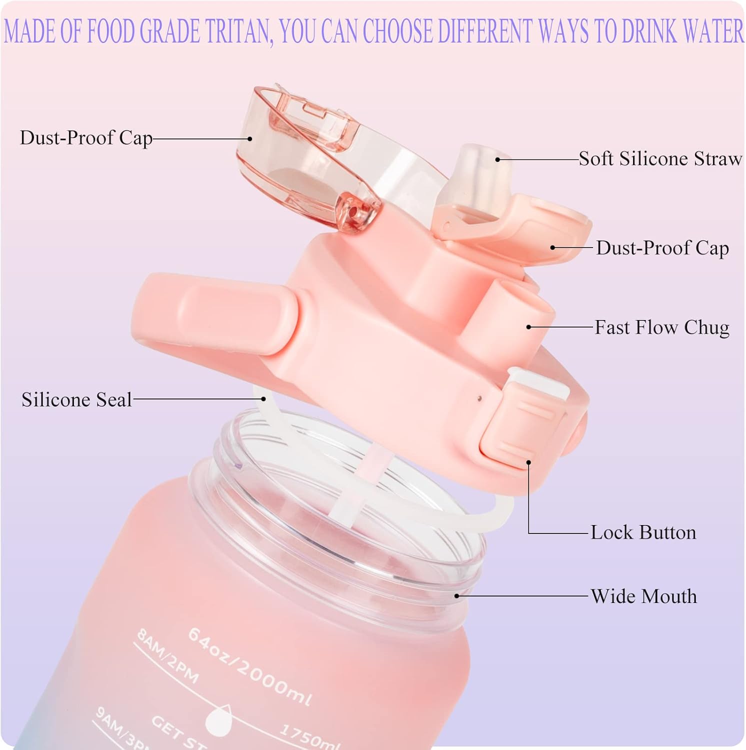 64oz Half Gallon Water Bottle With Sleeve, Water Bottles with Time Marker/Straw/Chug One Lids, Leakproof Tritan BPA Free Reusable Water Jug Easy Carry for Adult and Kids Gym Sports Outdoors