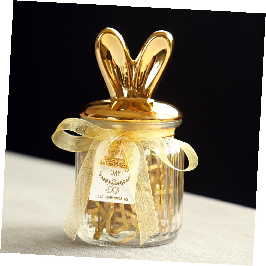 Ceramic Candy Storage Jar with Golden Overgild Lid, Glass Bunny Treat Bottle for Wedding Party Favor, Sealed Display Candy Box for Event