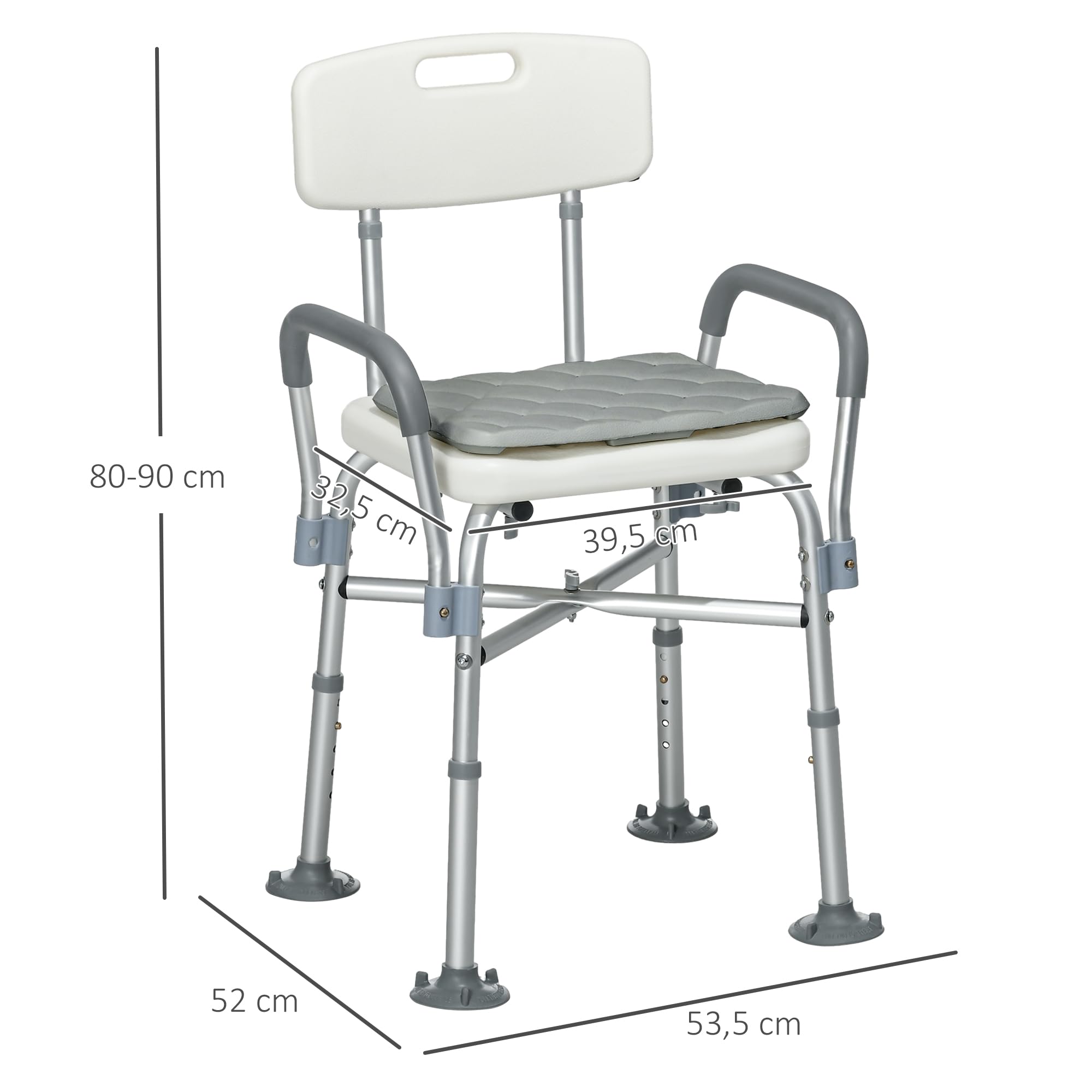 HOMCOM Silla Ducha Personas Mayores con Respaldo Antideslizante 136 kg | Silla de Ducha, Reposabrazos, Altura Ajustable, Cojín Acolchado Extraíble, para Ancianos y Discapacitados
