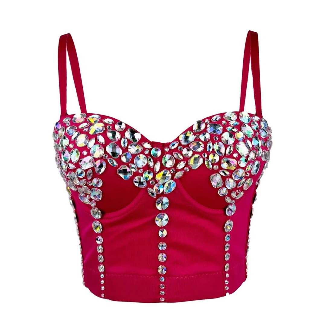 Yeuyyben Corsetto da donna con strass crop top senza maniche fatto a mano perline slim fit performance costume canotta