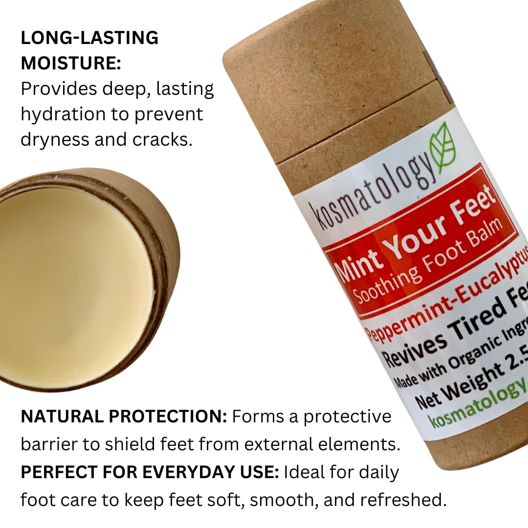 kosmatology Peppermint Eucalyptus Foot Balm – Mint Your Feet | Solid Moisturizer for Dry Cracked Heels & Rough Feet | Organic, Non-Toxic, Cruelty-Free Foot Balm – 2.5 oz
