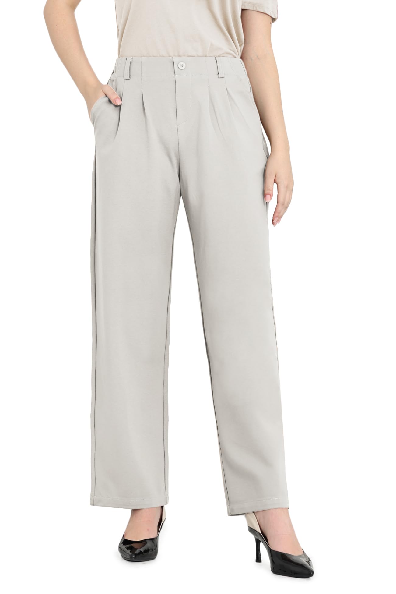 Bamans Dress Pants for Curvy Women Wide Leg Work Business Office High Elastic Waisted Casual Slacks Trousers with