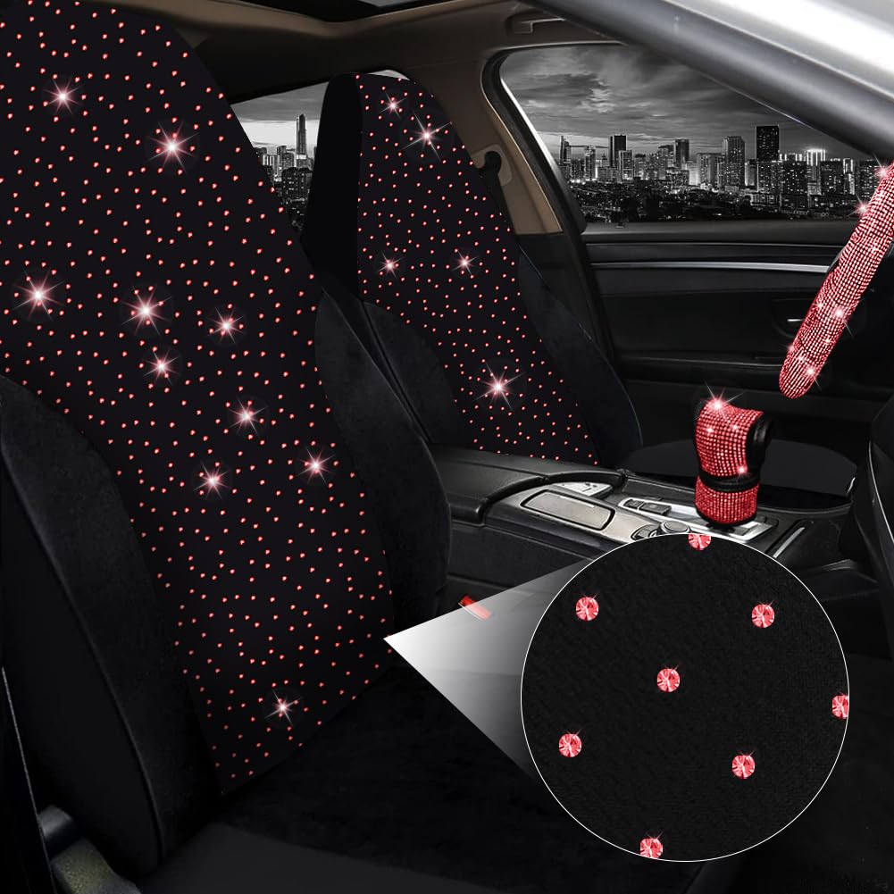 Set di coprisedili per auto, accessori per auto, con strass, coprivolante in velluto traspirante e scintillante (rosso, parte dei coprisedili rivestiti di strass), 17 pezzi