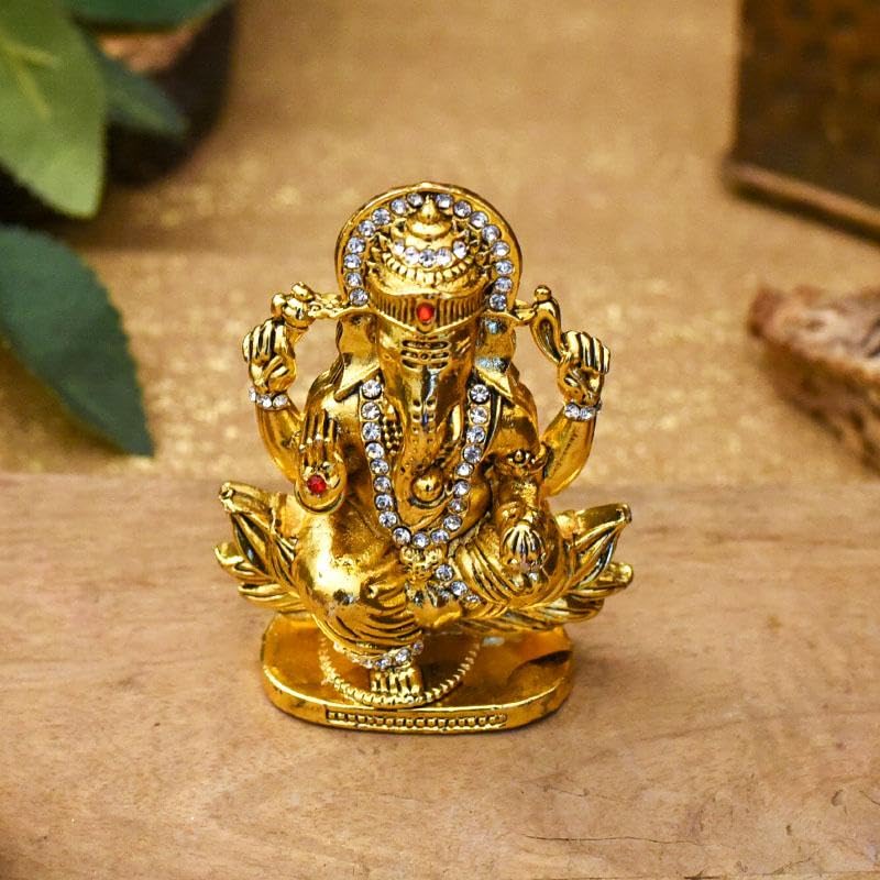 Image of Lord Ganesha Car Dashboard Idol & Crystal Stones Lotus Base Design Hindu God Ganpati.Believed to Protect and Bless Travelers on Their Journeys.(Gold)