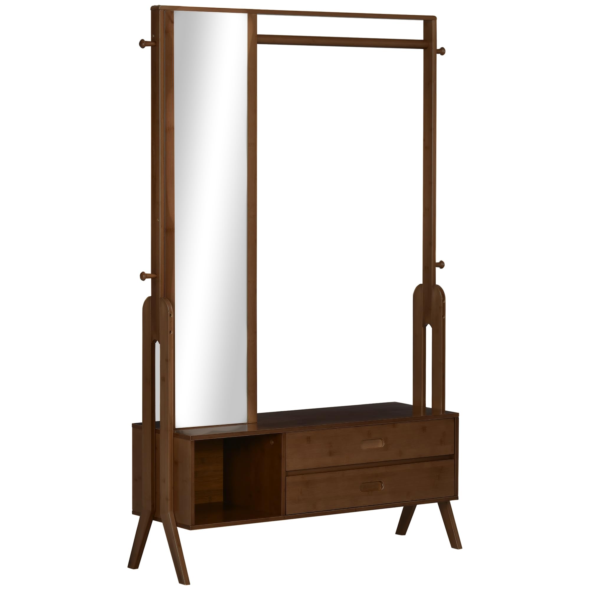 HOMCOM Perchero de Bambú con Banco Perchero de Pie para Ropa con Espejo 4 Ganchos Barra 2 Cajones y Compartimiento de Almacenamiento para Dormitorio Pasillo 113x33x169,5 cm Marrón