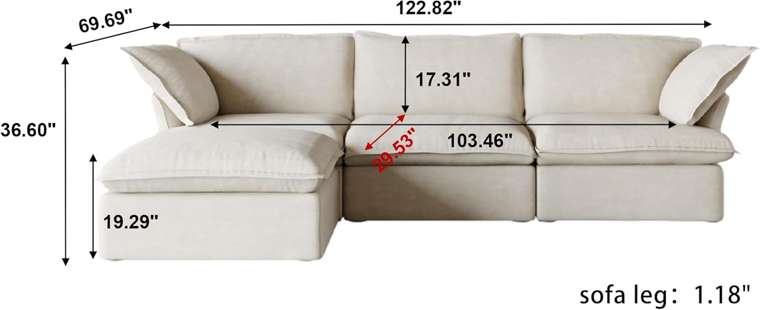 WJShome 122.82" Cloud Modular Sectional Sofa, L Shaped Couch Filled with Down with Chaise Ottoman, Minimalist Deep Seat Couches for Living Room,Cushion Covers Removable(Beige)