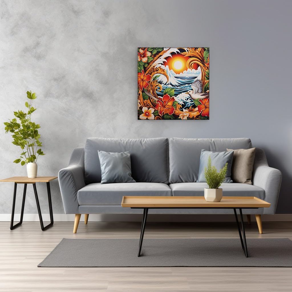 Canvas for Living room. Sunset Sojourn Seagull�s Serene Seaside Flight Amidst Blossoming Beauty, 27 x 18 inch Canvas Wall Art - Ready to Hang