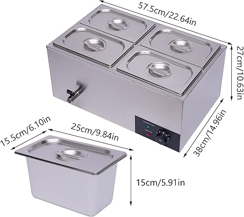Miniatura 3 de Calentador de alimentos comercial de 4 bandejas, 110 V, 600 W, mesa de vapor eléctrica de 5.9 in6 pulgadas de profundidad, buffet profesional de