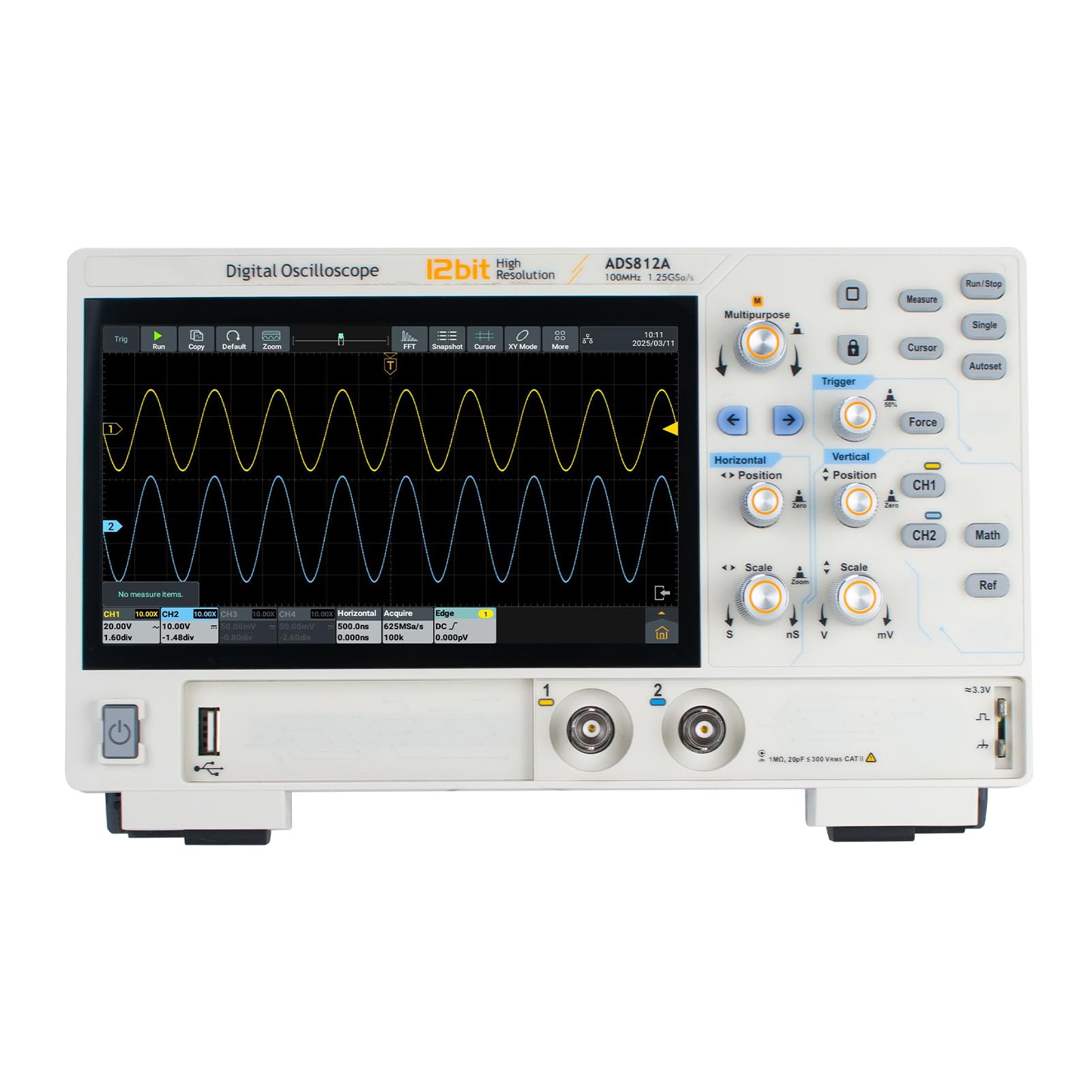 100 MHz Digitaler Oszilloskop 12 Bit 2 Kanal FFT Spectrum Analyzer Tragbares Oszilloskop -Multimeter (EU-Stecker (100-240 V AC))