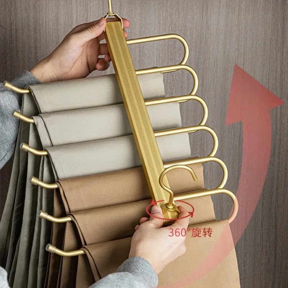 Magic Pants Hanger - Perchero giratorio 6 en 1 de aleación de aluminio plegable para pantalones, diseño antideslizante para el hogar, viajes y dormitorio, ropa negra versátil