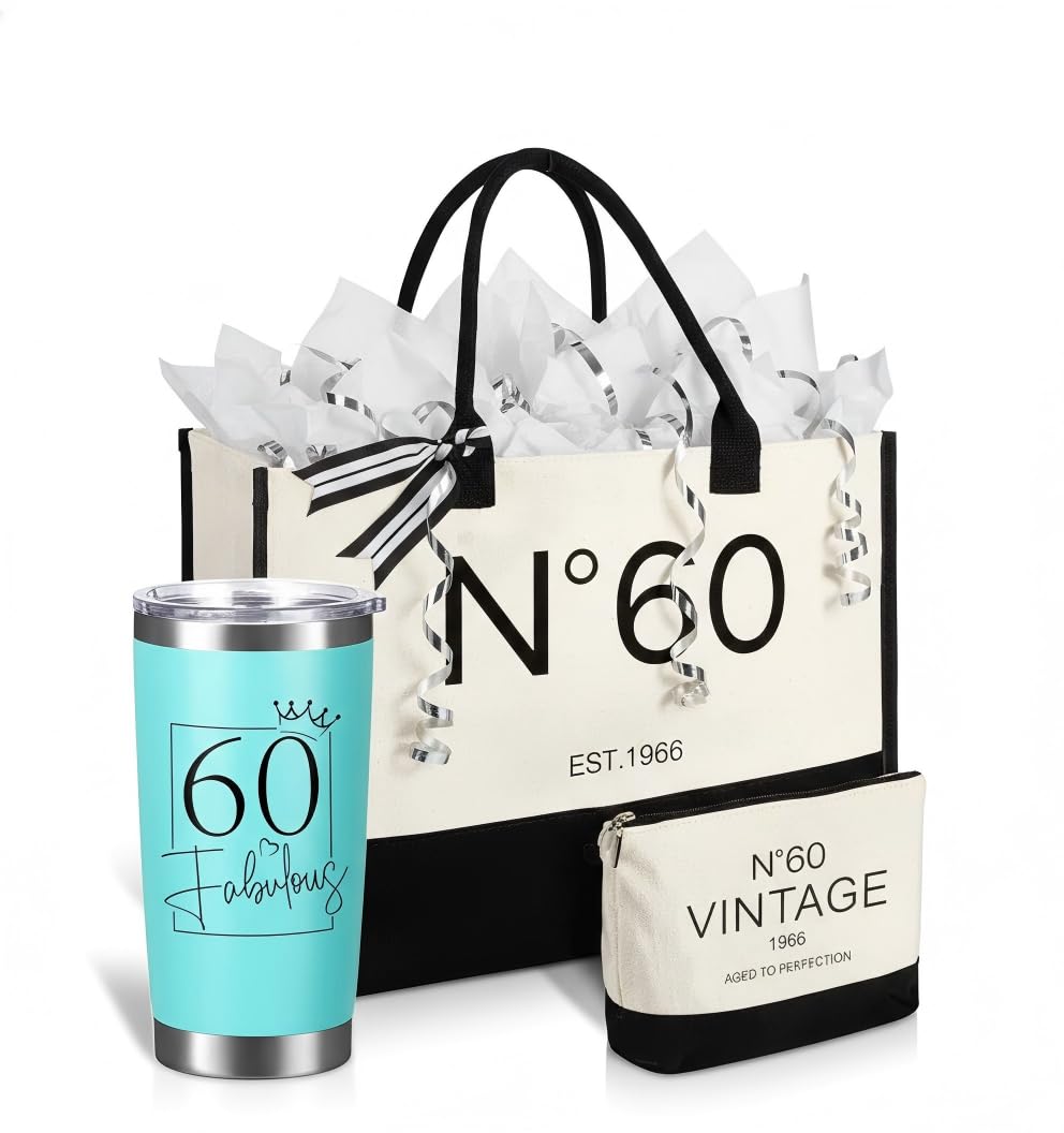 Physkoa 4Pcs Womens Birthday Gift Set, Tote Bag with Tumbler, Double Sided Gift Wrap Bags, for 40/50/55/60/65/70th Birthday N60
