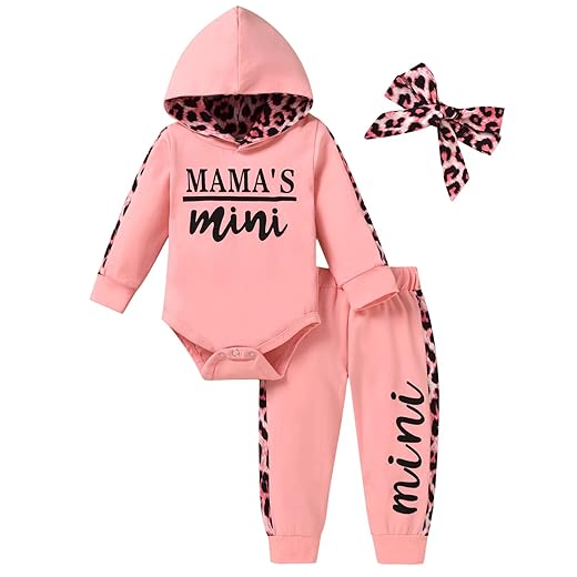 MINIFEIKO Baby Girl Outfits Infant Hoodie Romper Long Sleeve Top Leopard Pants 2Pcs Mamas Sweatsuit Mini Fall Autumn Winter Spring Clothes Set 0-3 Months Pink