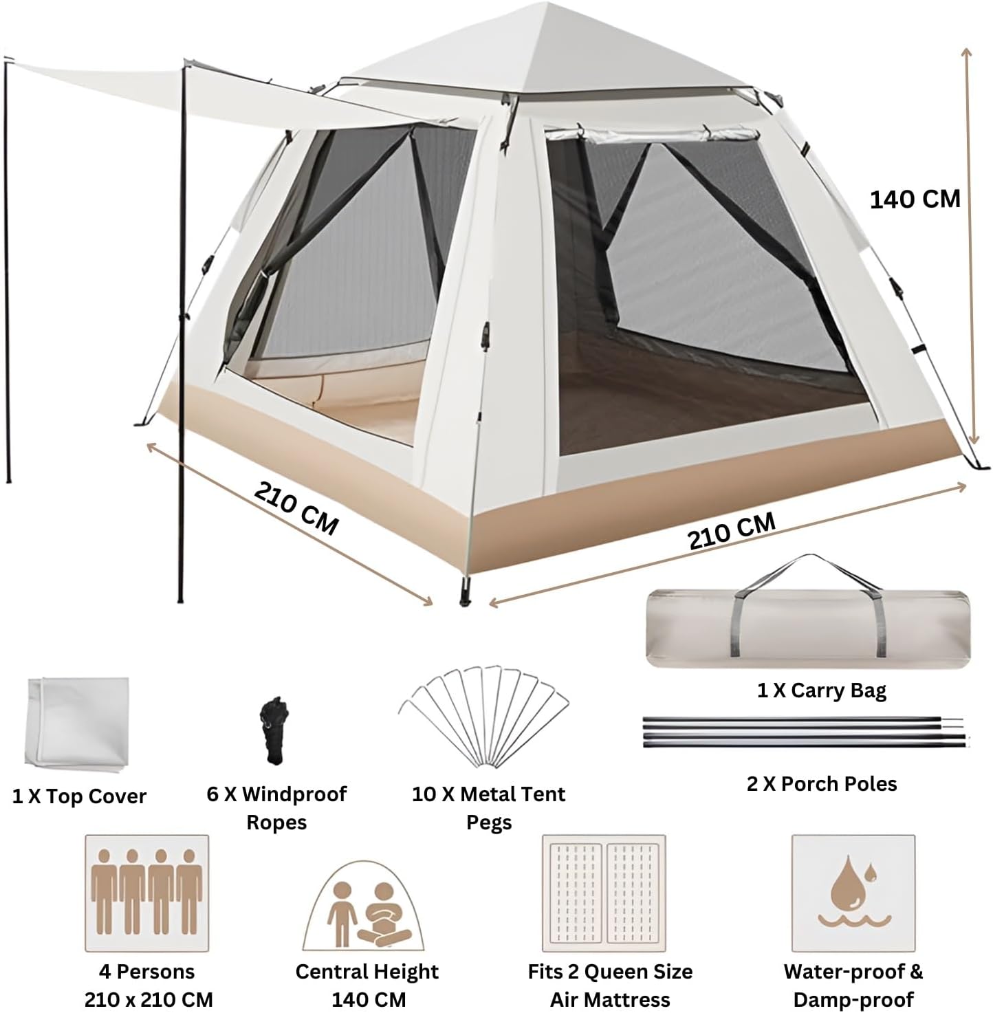 HEXAR® Camping Tent Automatic Instant Pop-Up Tent Lightweight Portable Tent Outdoor Camping Waterproof Windproof Camping Tent and Mesh Windows 2 Doors with Carry Bag