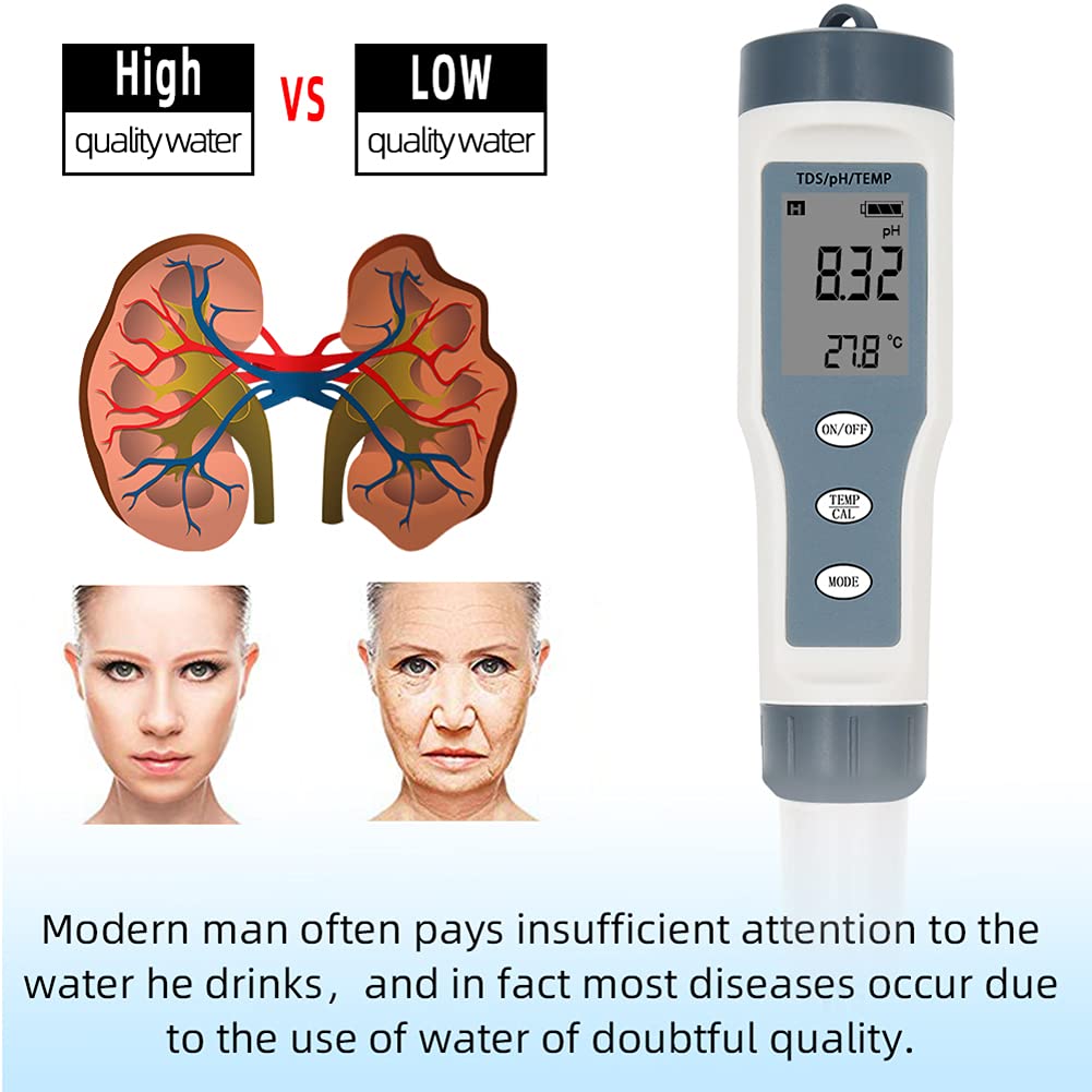 ERNZI Testeur de qualité de l'eau de testeur Affichage à Cristaux liquides/Valeur de pH numérique/Compteur TDS pour l'eau Potable/température de Laboratoire tds EC 4 en 1 Ensemble