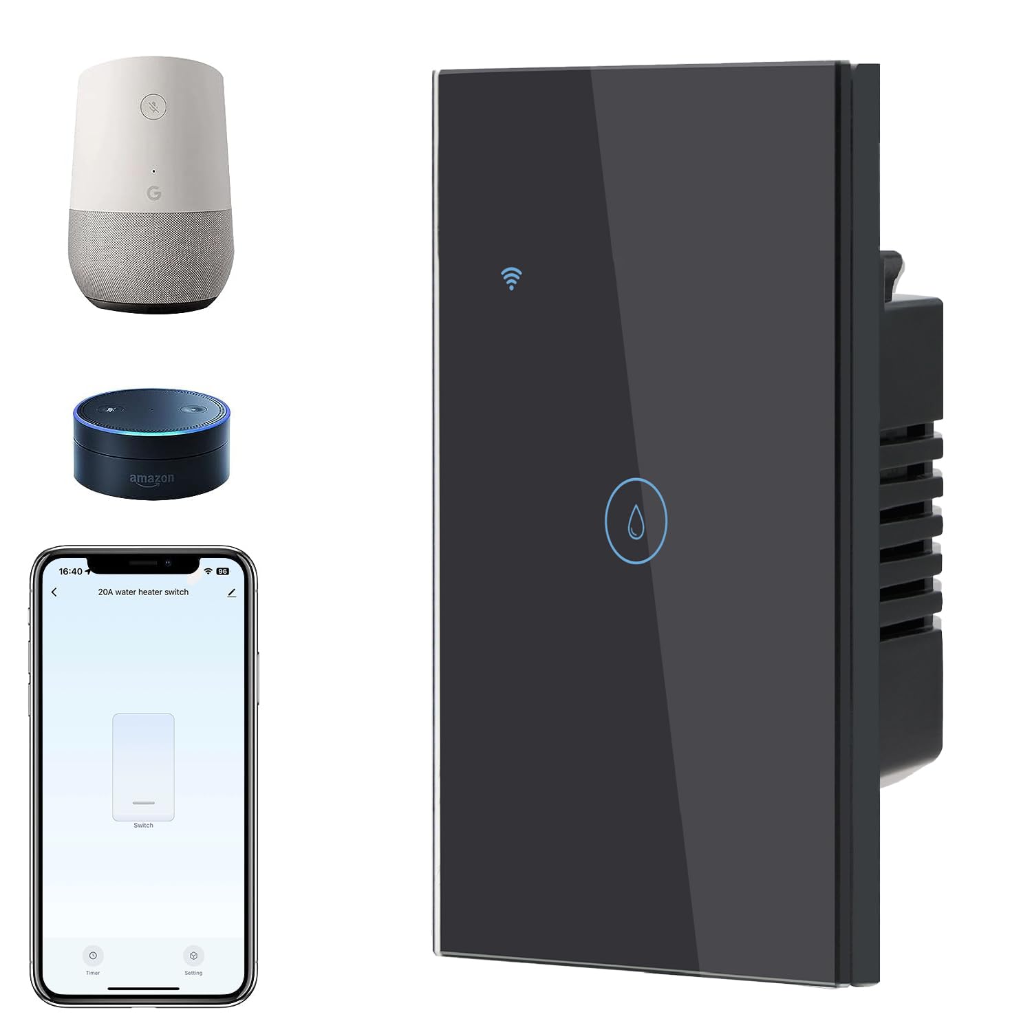 BSEED Smart Water Heater Switch, ZigBee Switch Compatible with Alexa, Google Assistant, Touch Switch with APP Control and Timer Function for Bathroom, Group Share Remote Voice Control, 20A, Black