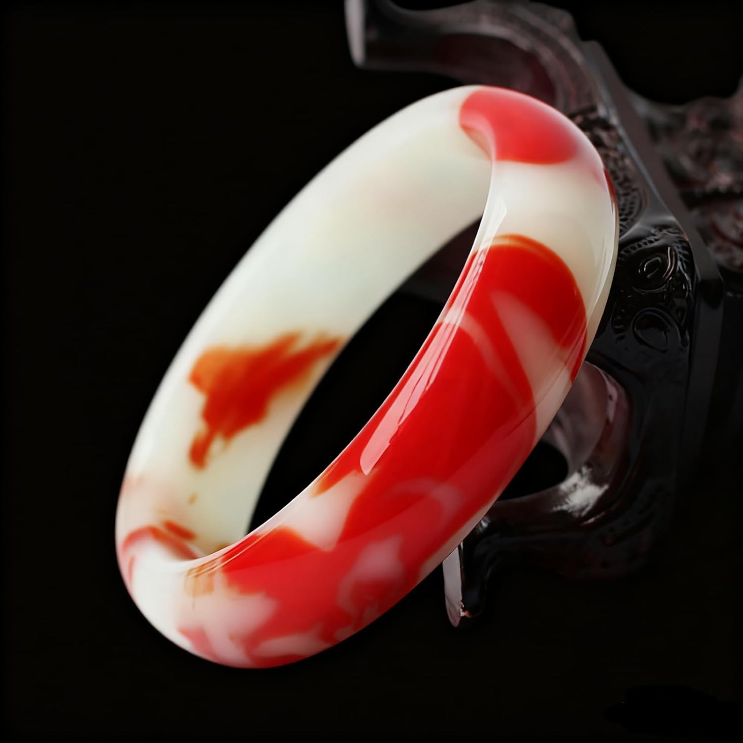 Red White Jade Stone Bracelet for Women bangle, Retro Round Carved Amulet Charm with Gift Box, Feng Shui Good Luck Accessory - Image 6