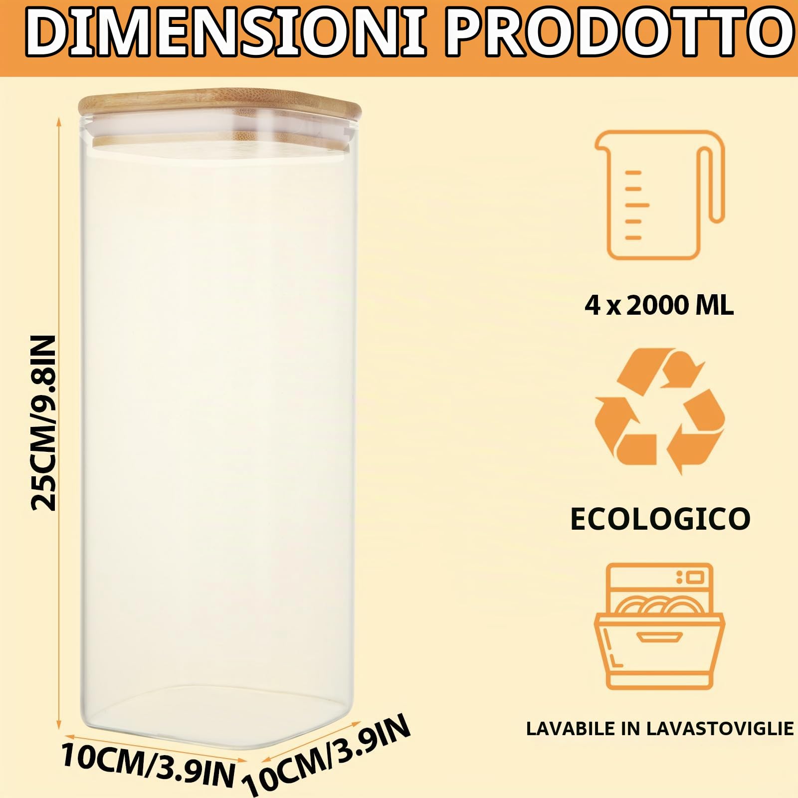 4 barattoli con coperchio, 2 l, in vetro con coperchio, ermetici, rettangolari con coperchio in legno, etichette e penna per pasta Cornflakes Spaghetti chicchi di caffè