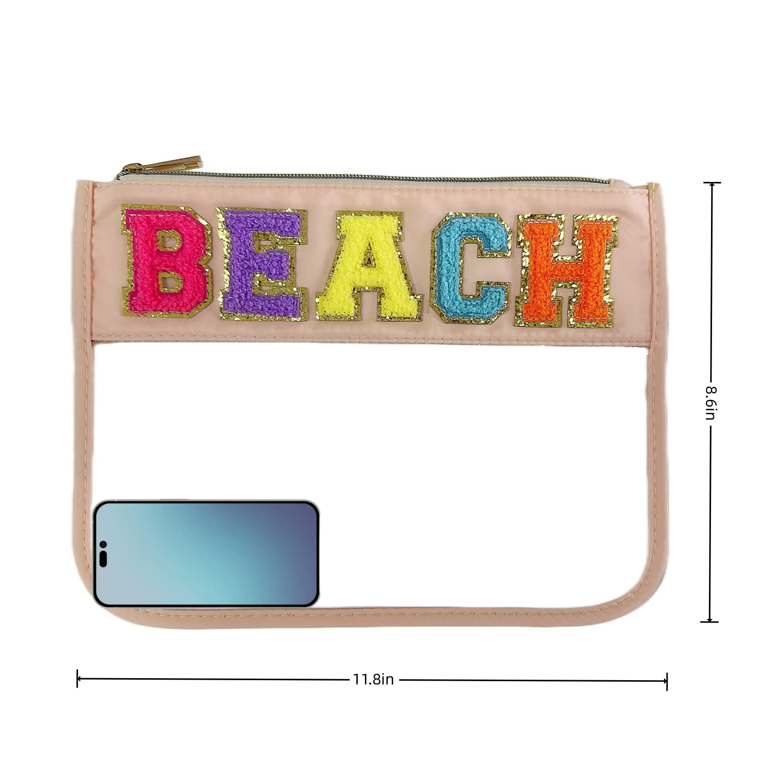 cqoogrlx Clear Makeup Letter Bag Chenille Letter Stadium Bags,Preppy Cosmetic Toiletry Clear Pouches bag for Women Girls(Sandy-Beach)