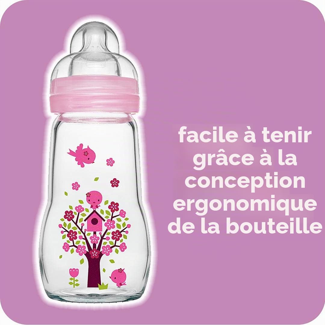 MAM Feel Good Biberon en verre MAM avec tétine à débit moyen Taille 2 pour nouveau-né 2 mois et plus Rose 260 ml