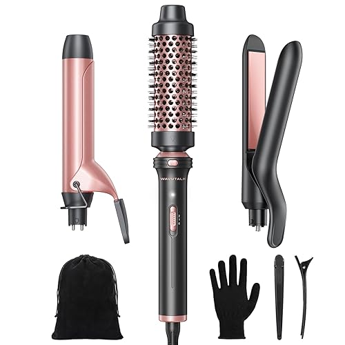Wavytalk 3 in 1 Curling Wand Set, Multi Curl, Curling Iron Set with Heated Round Brush, Flat Iron Hair Straightener, 1 1/4 inch Curling Iron, Dual Voltage Hair Curler - Curling Iron(1.25"-1.5")&1"Flat Iron - Rose Gold
