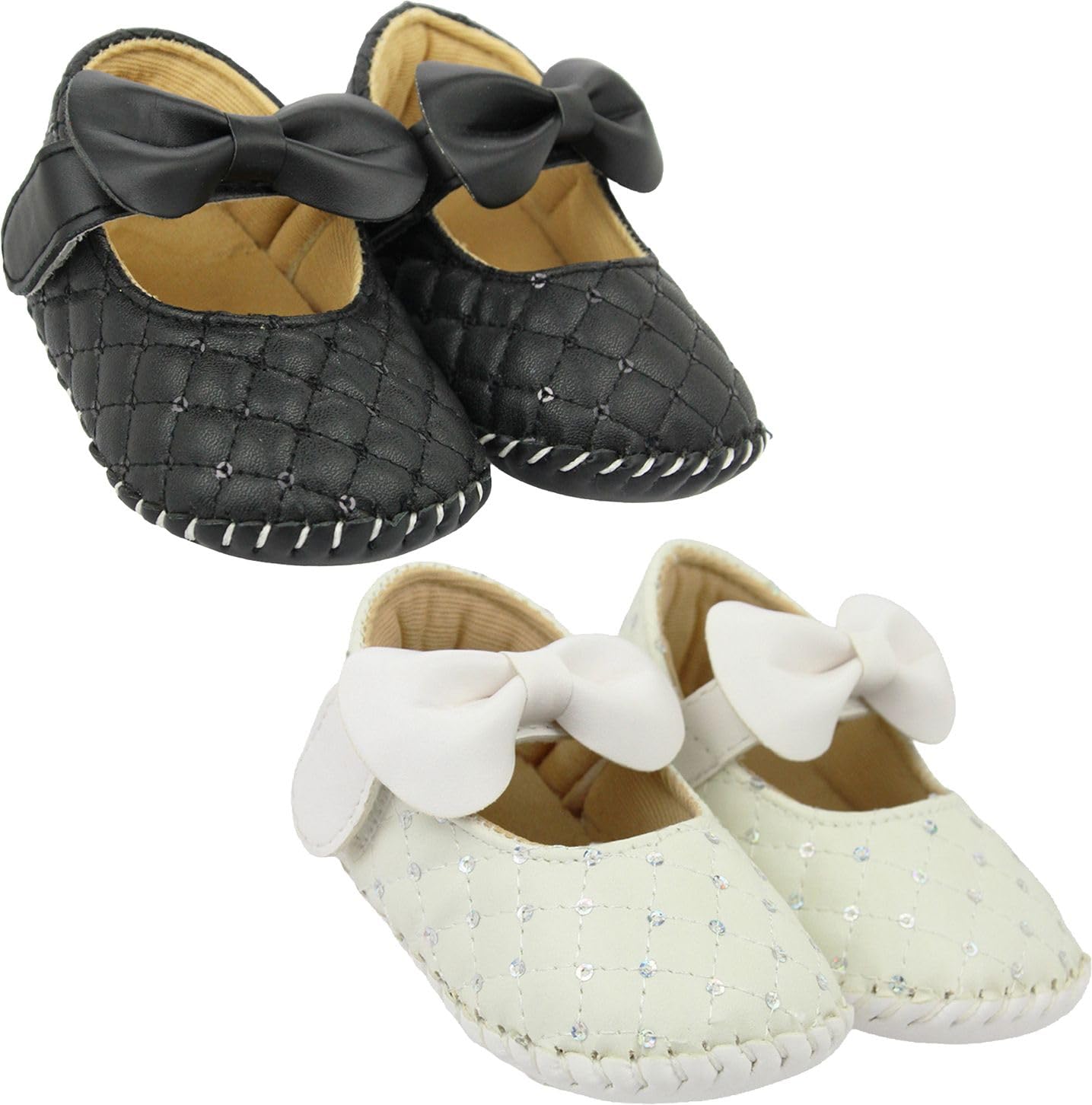6 To 12 Months 2 Pair Baby Girls Belly Shoe Bow Baby Sandal Hook & Loop Booties (Black,White)-BT1620andBT1622-image-34