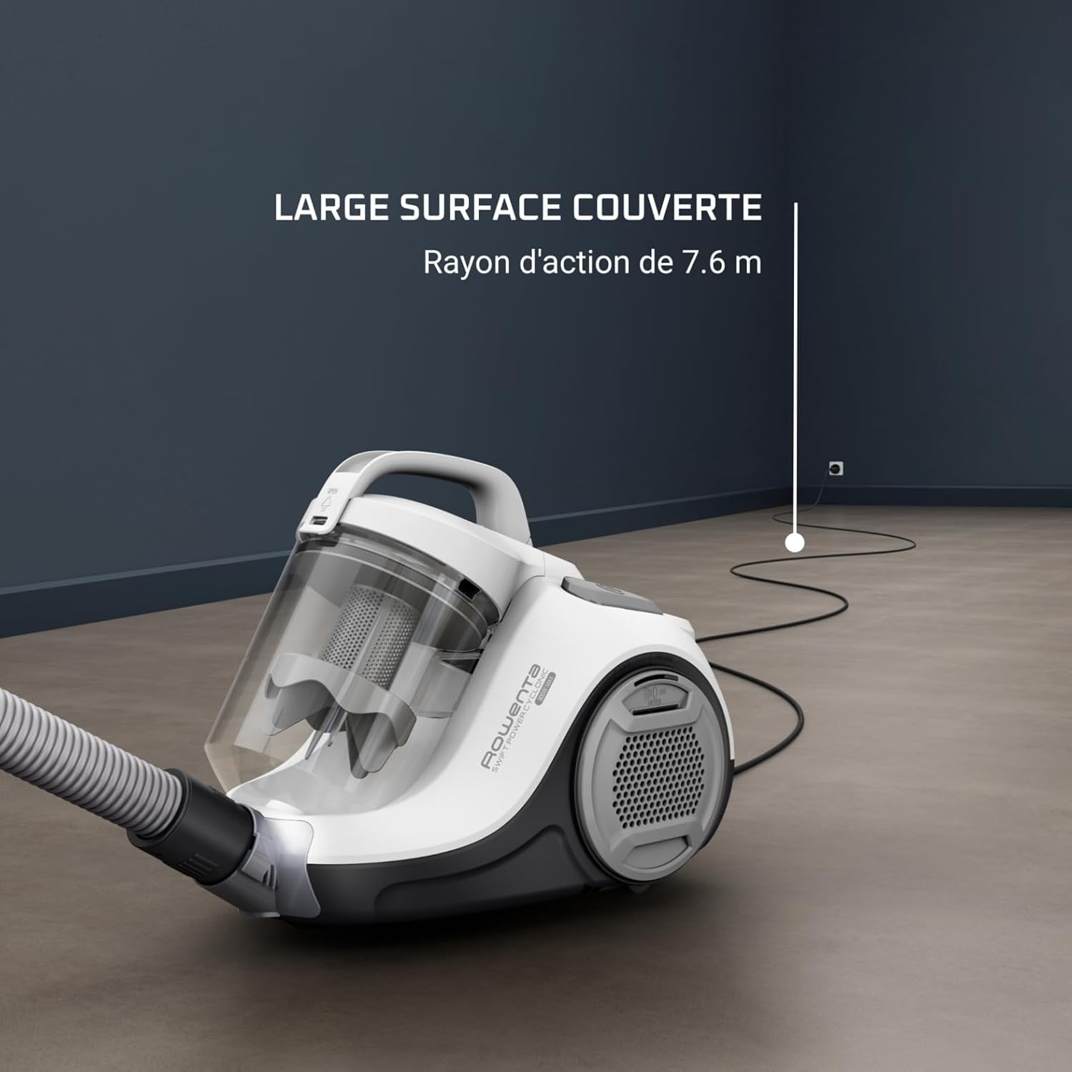 Rowenta Swift Power Cyclonic RO2917, Aspirapolvere a Traino Senza Sacchetto, Potenza 900 W, Motore Silenzioso, Serbatoio facile da Pulire, Bianco/Grigio