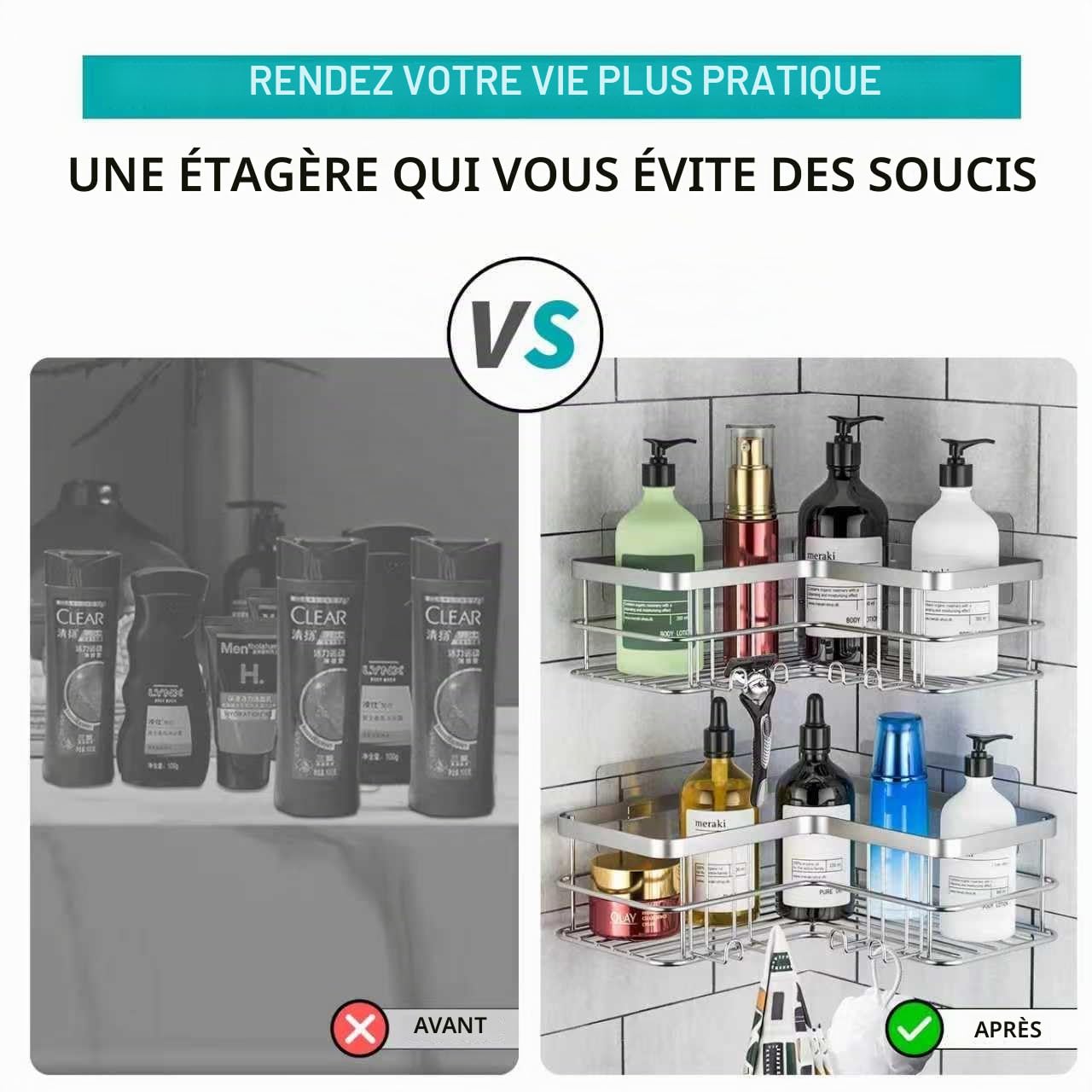 Lot de 2 étagères d'angle de Douche sans perçage pour Salle de Bain, Baignoire, étagère d'angle pour Salle de Bain et Cuisine (argenté)