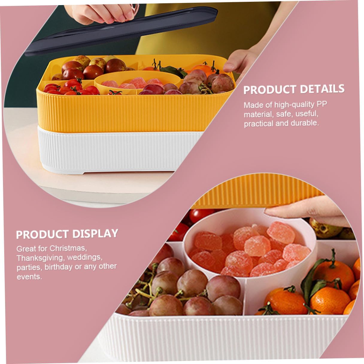 KICHOUSE Double-layer Snack Box with Lid, Party Candy Container and Fruit Serving Tray, Portable Food Storage Organizer for Living Room and Tea Table Use