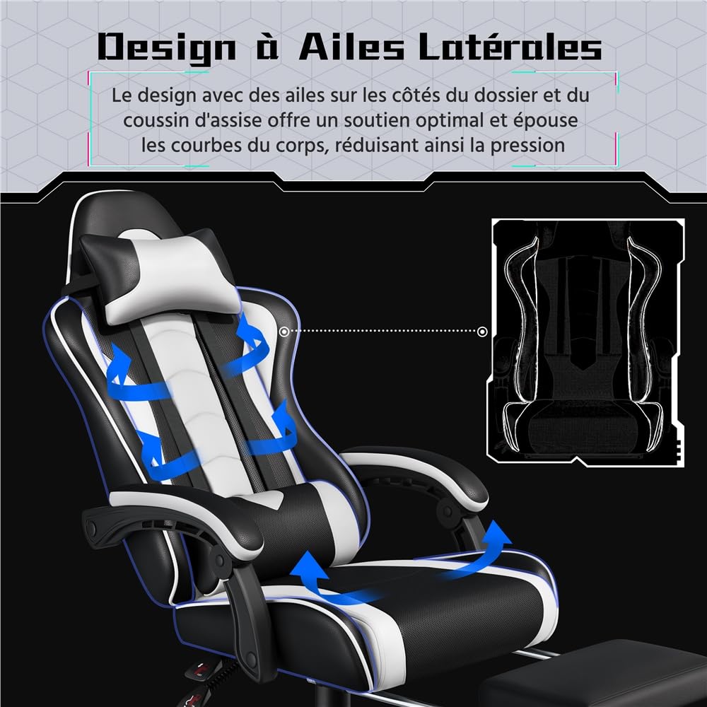 Yaheetech Chaise Gaming Ergonomique Massante avec Repose-Pieds Inclinable Rembourré en Similicuir, Fauteuil de Bureau avec Appui-tête et Support Lombaire Roues Pivotantes Blanc