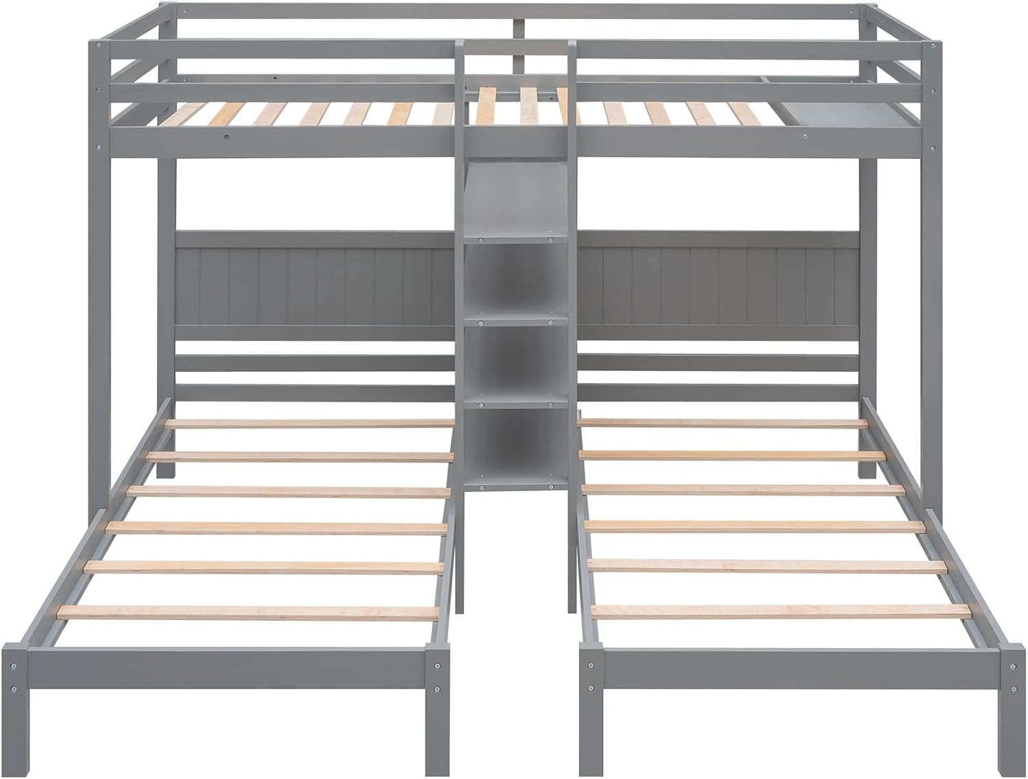 Bellemave Triple Bunk Bed Twin XL Over 2 with 4 Storage Shelves Wood 3 Beds Frame L-Shape Bunked for Three Kids Teens and Adults, Gray
